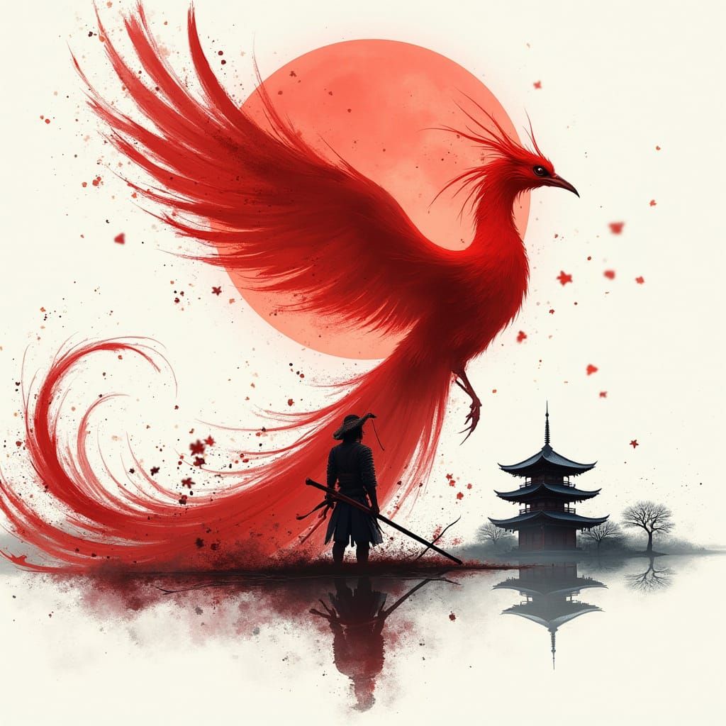 Vibrant Phoenix Ascends in Dynamic Ink Splash Art