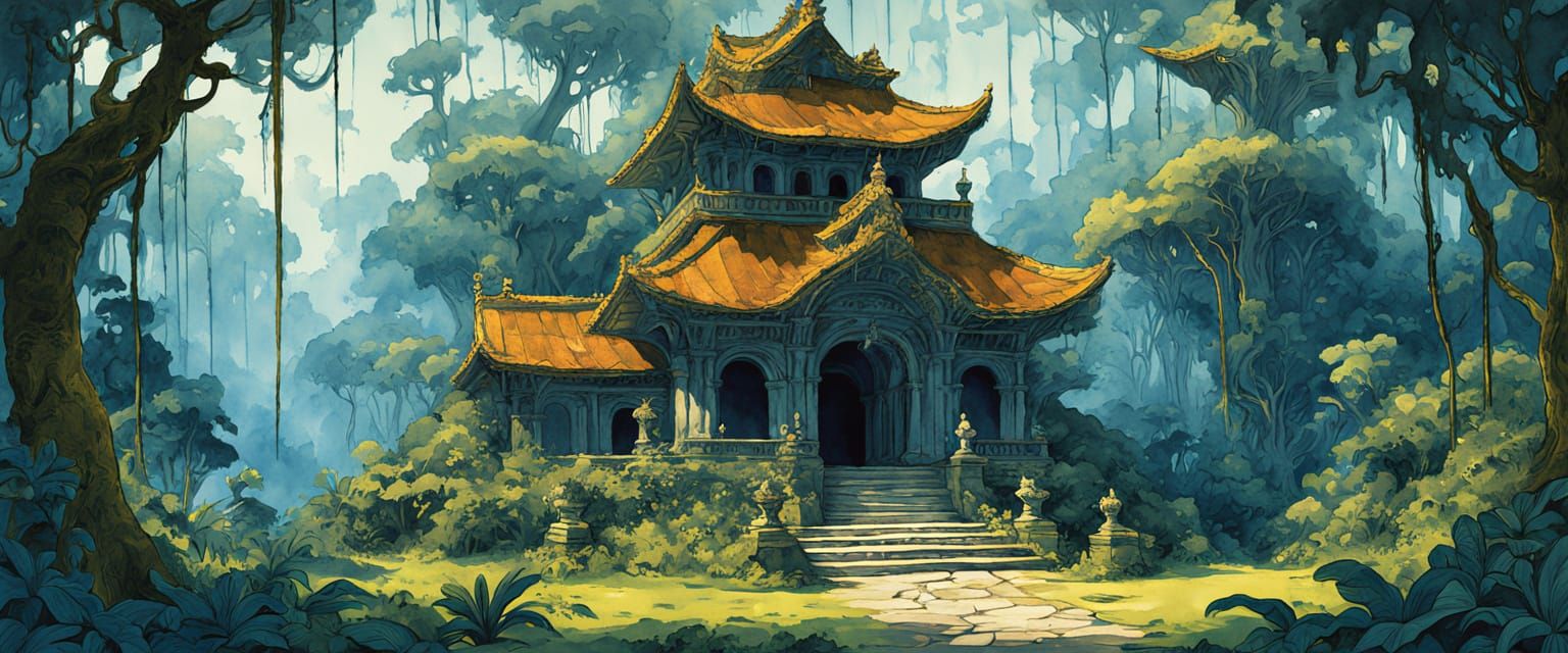 Lush Monkey Temple in Watercolor Style