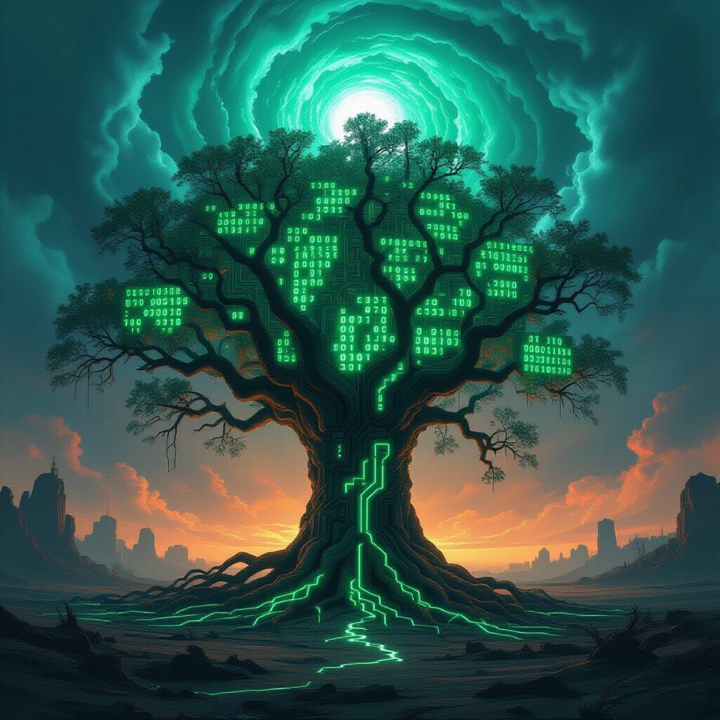 Ancient Circuit Tree in Digital Landscape