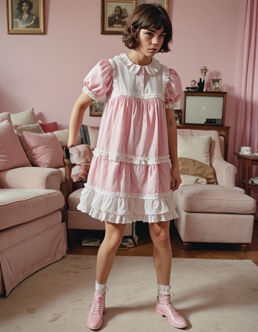 Tomboy in Pink Dress: A Cinematic Film Still
