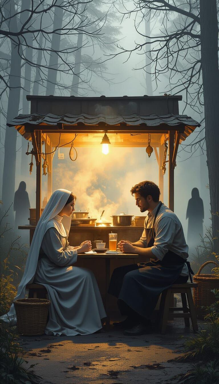 Mystical Food Stall in Fog, Fantasy Concept Art