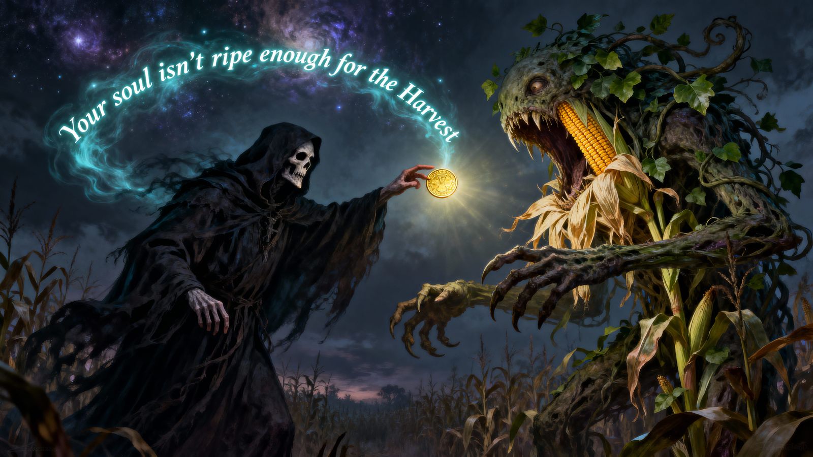 Grim Reaper Offers Coin to Surprised Corn Monster