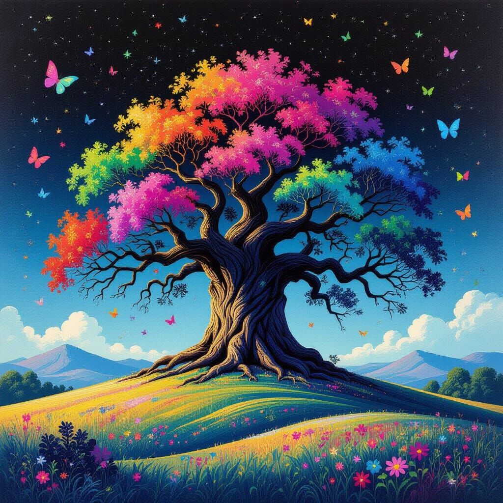 Vibrant Dream Tree on Starry Night Hill