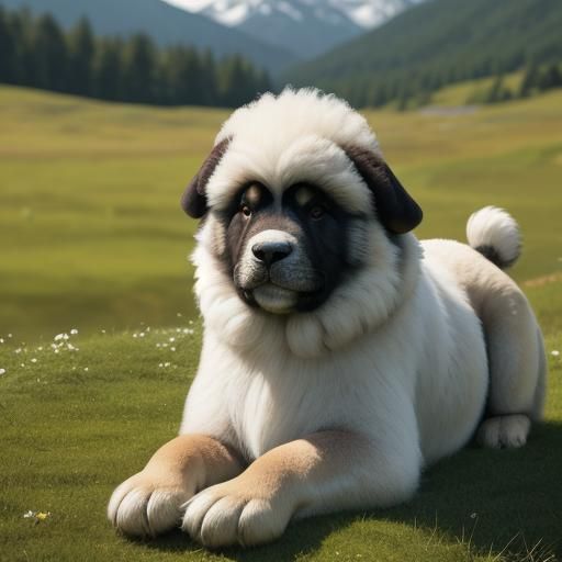 Tibetan Mastiff Puppy Guards Goats in Meadow