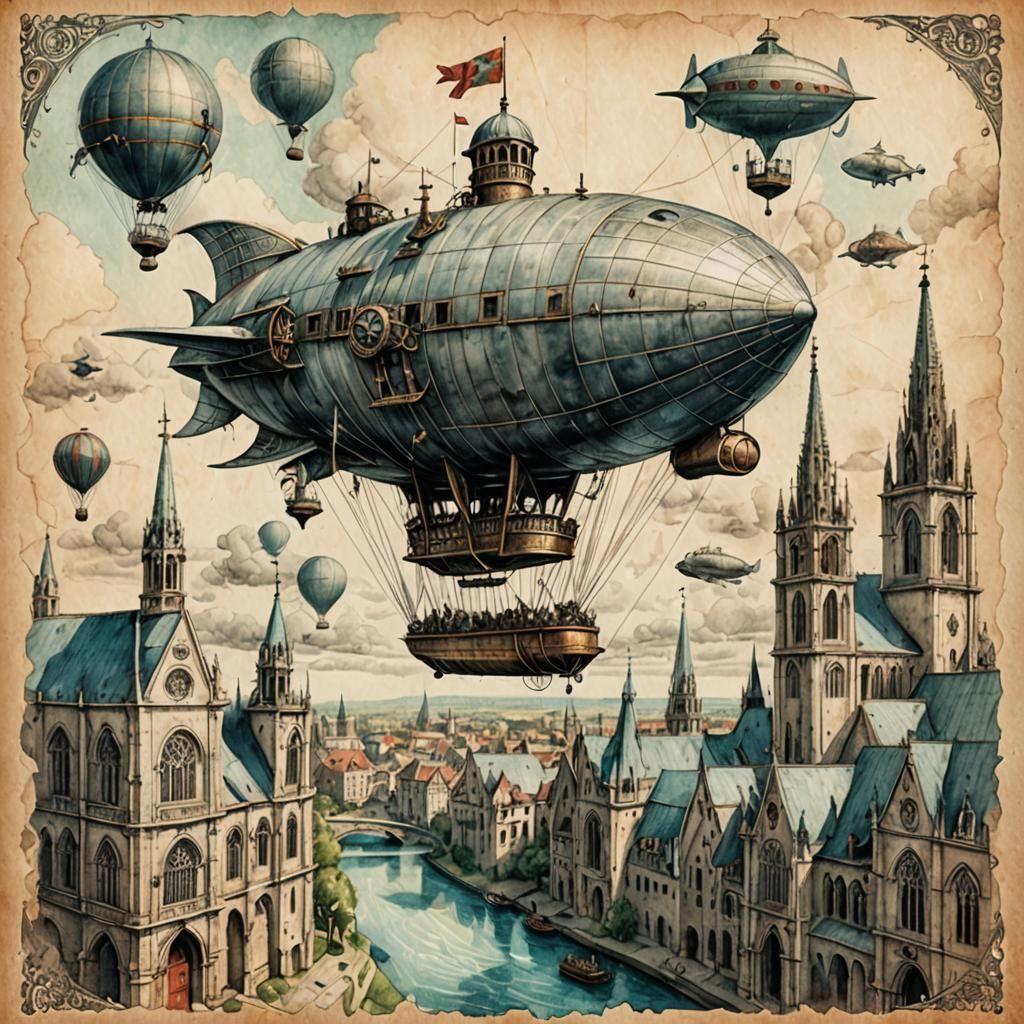 Steampunk Aviator Over Gothic Cathedral, Graphite Sketch