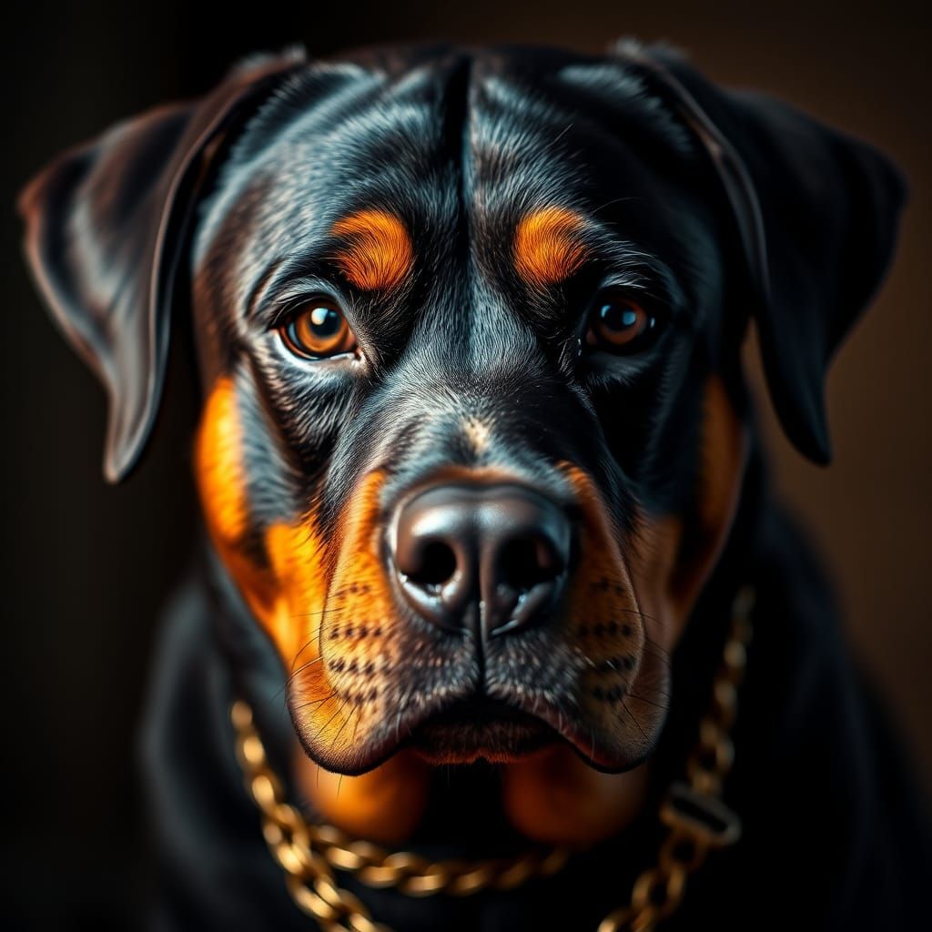 Hyperrealistic Rottweiler Portrait with Golden Necklace
