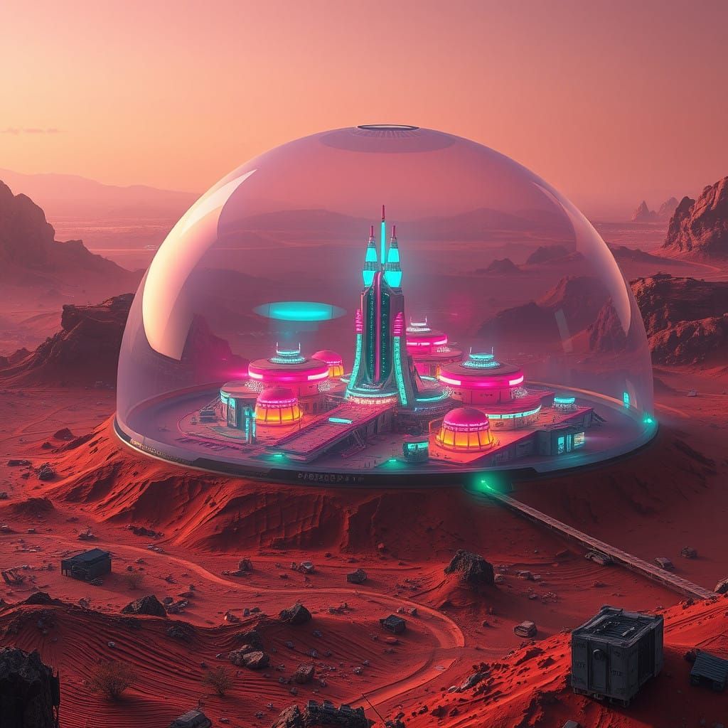Ethereal Martian Oasis in a Vibrant, Neon-Lit Dome