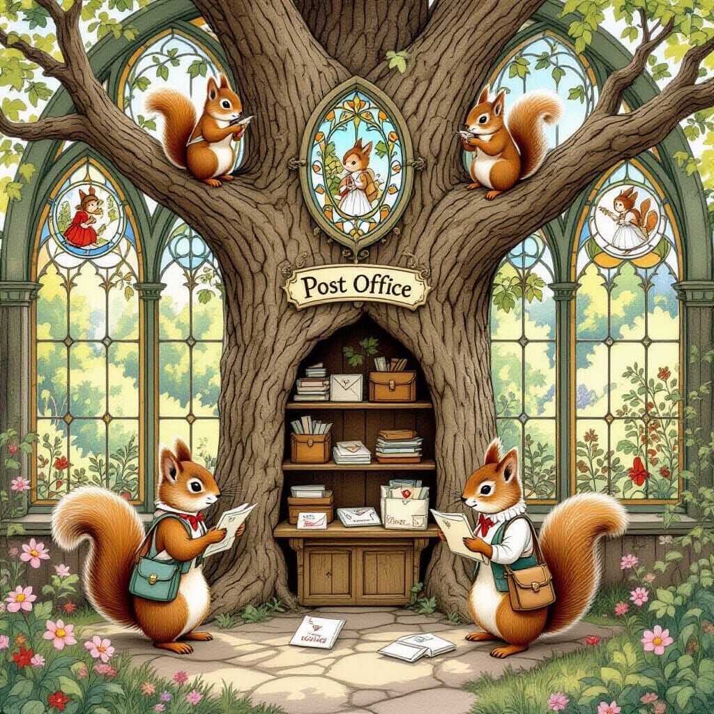 Whimsical Woodland Post Office with Squirrels, in Art Nouvea...