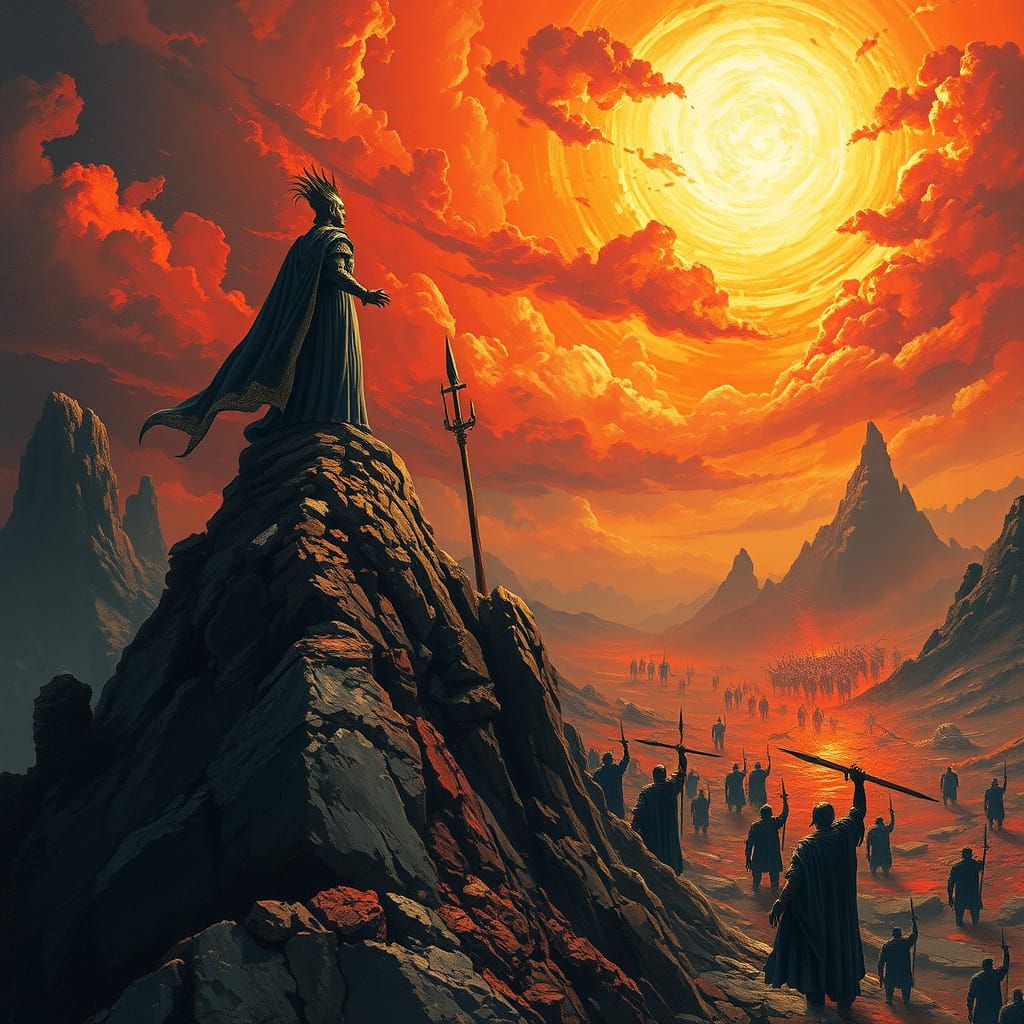Regal Figure Dominates Apocalyptic Landscape in Fiery Skies
