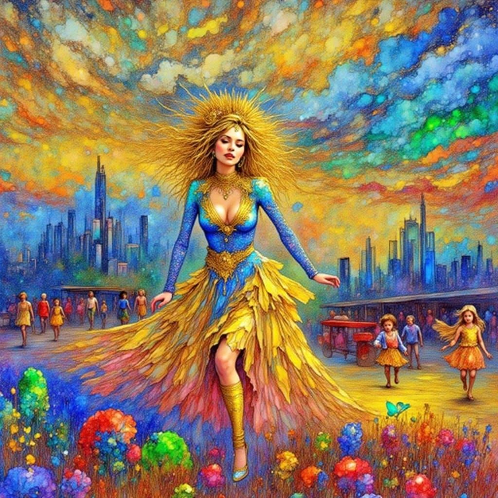 Golden Figure Dances in Abstract Urban Landscape
