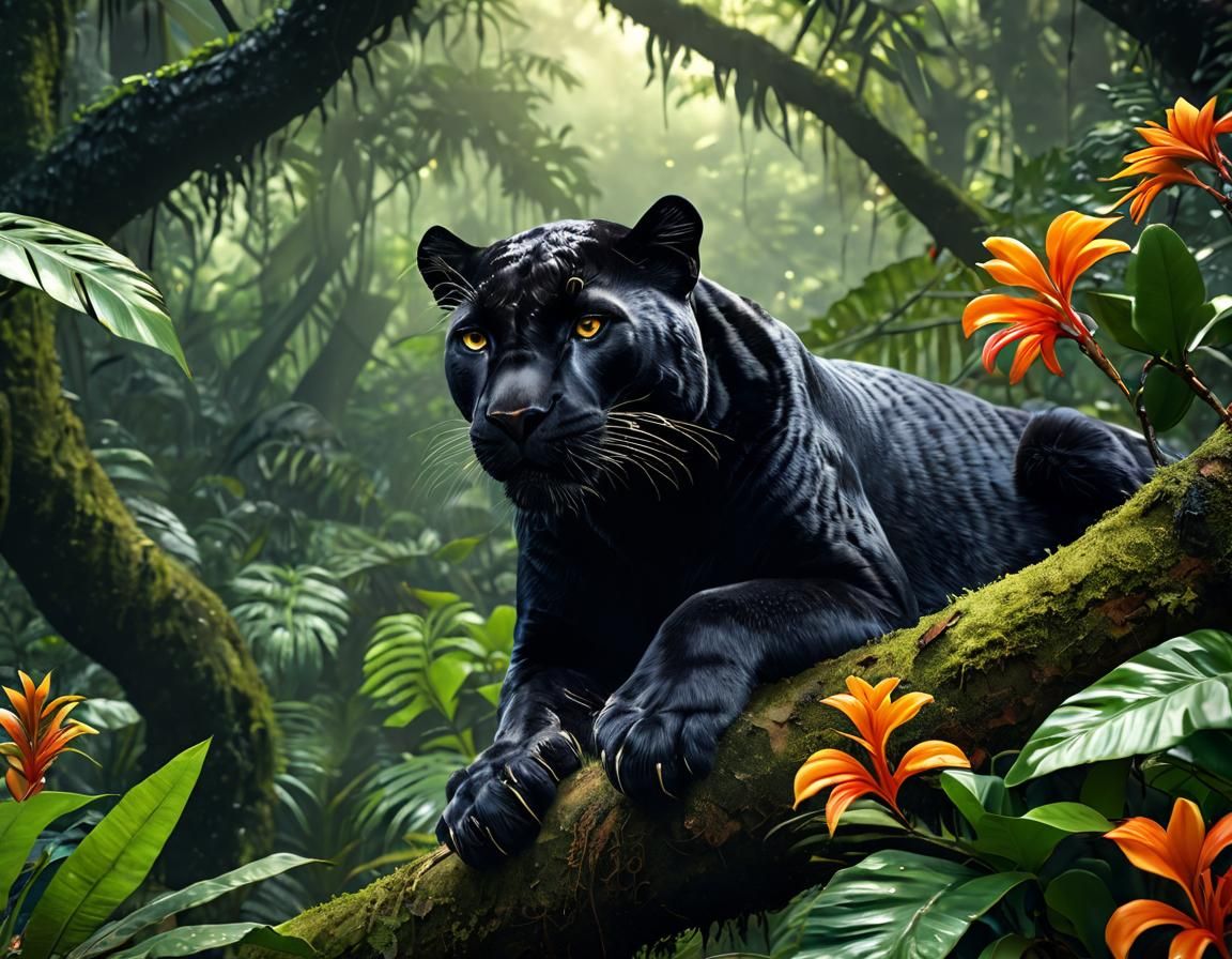 Hyperrealistic Sleeping Black Panther in Rainforest