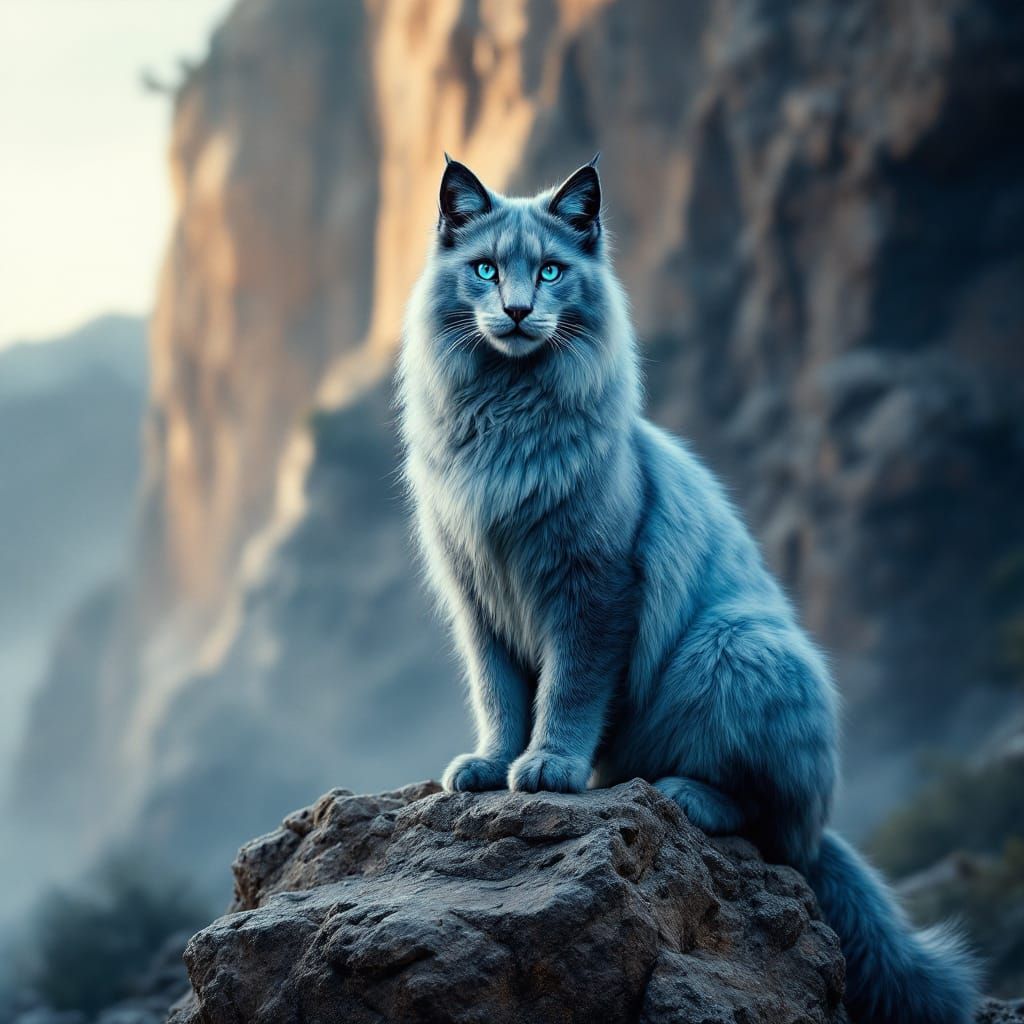 Blue Cat on Mountain Peak: Cinematic Film Still