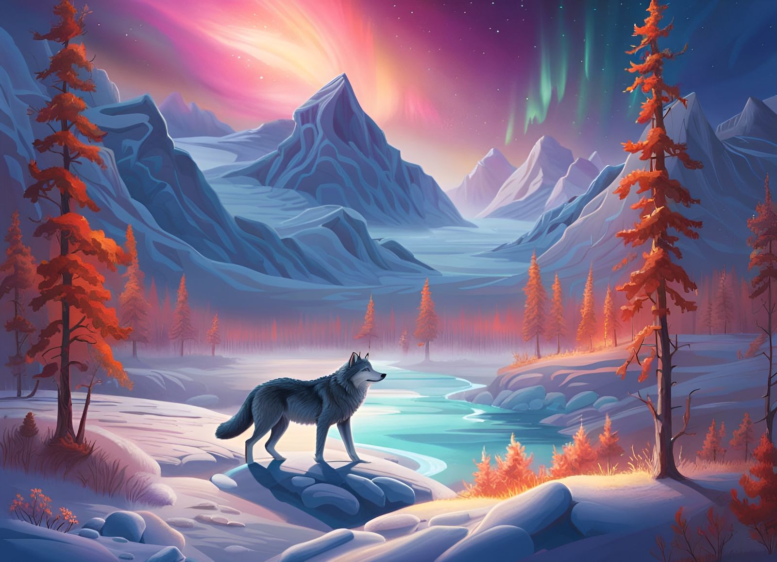 Winter landscape with a wolf.