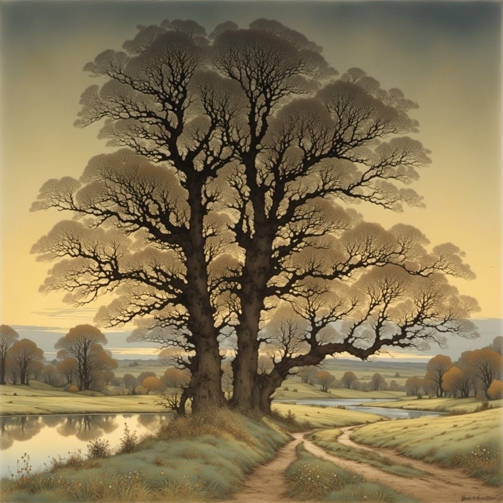 Lake Landscape with Old Oak Trees at Dusk