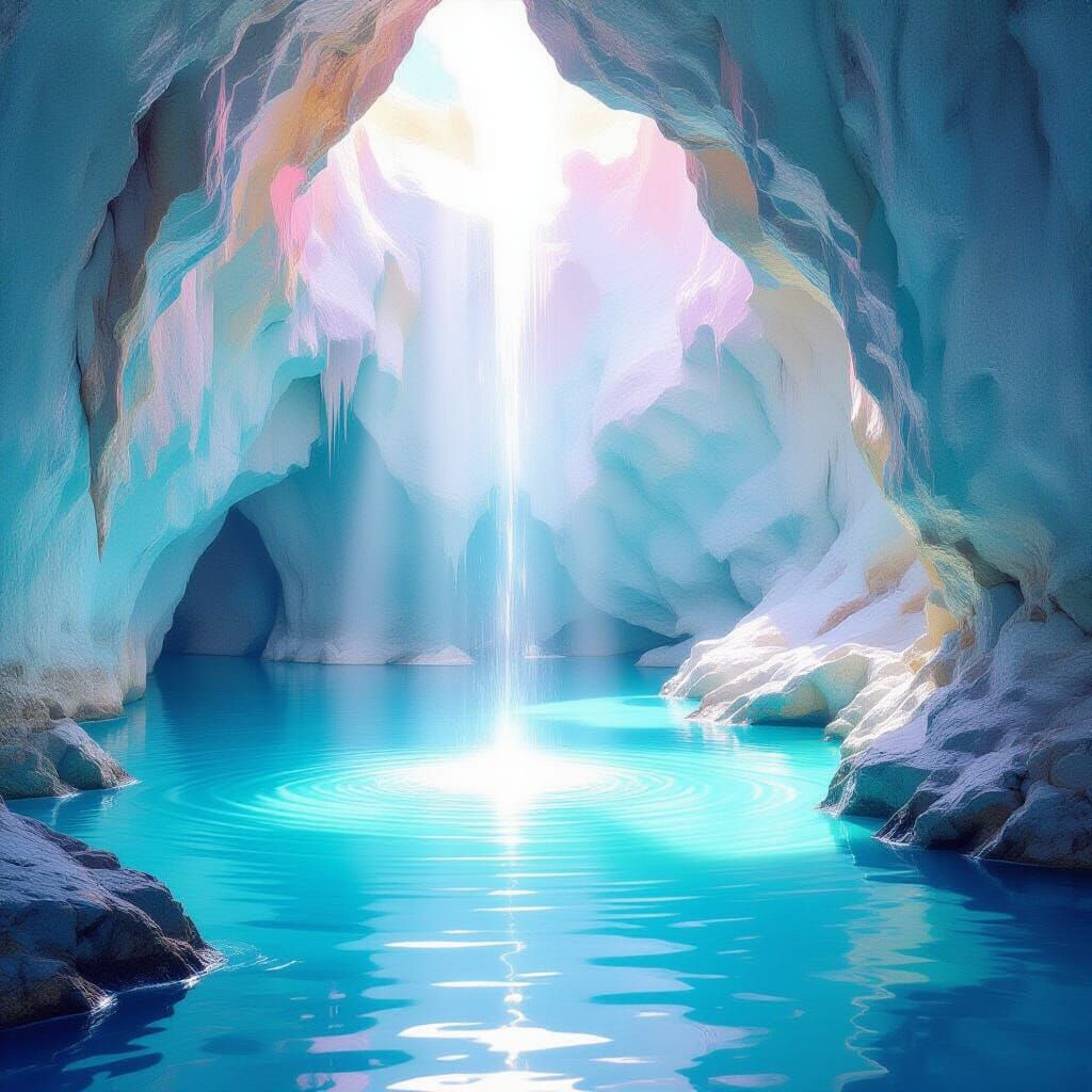 Ethereal Fountain in Cave: Minimalist Pastel Painting