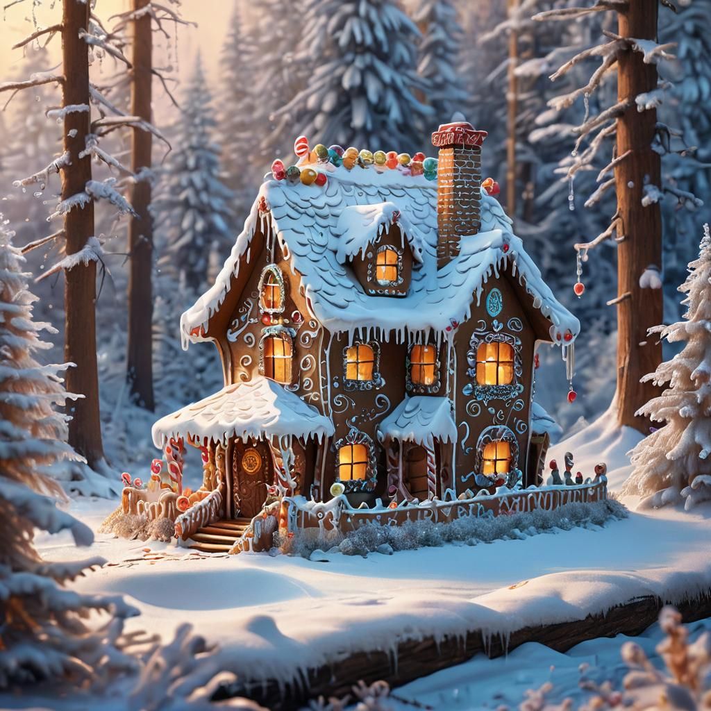 Gingerbread House in Snowy Forest, Whimsical Illustration