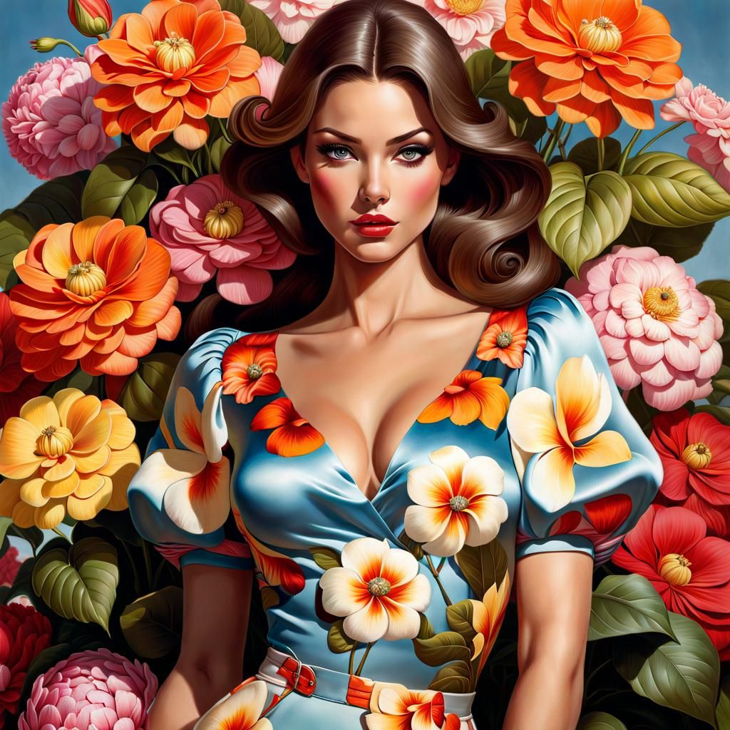 Gorgeous Woman in Flower Blouse, Hyperrealistic Portrait