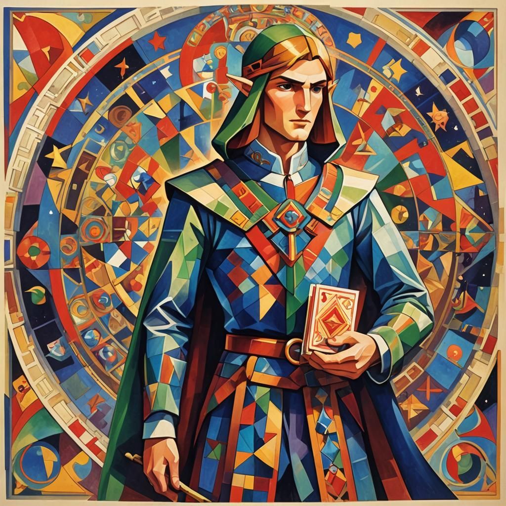 Link Tarot Card in Abstract Cubism Style