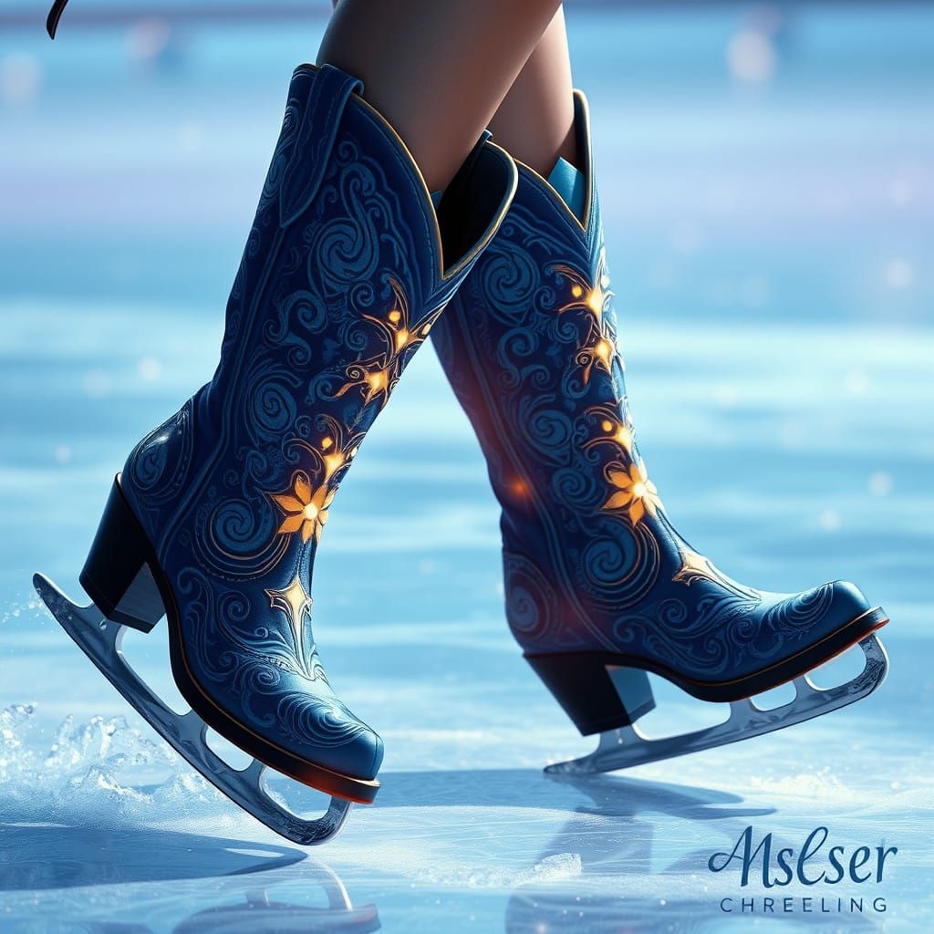 Woman Glides on Mystical Ice in Intricate Cowboy Boots