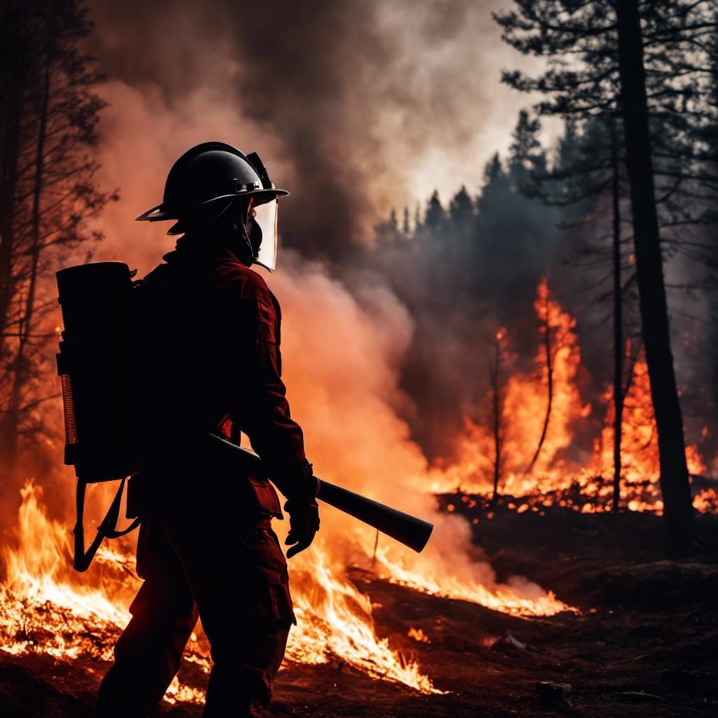 Firefighter Silhouette Against Burning Forest in 8K
