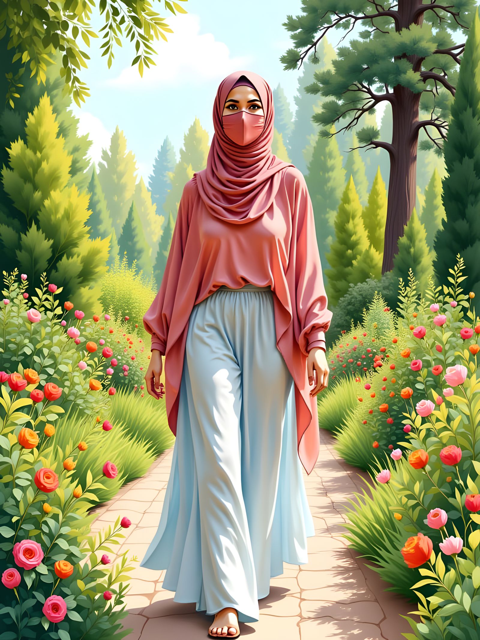 Woman in Botanic Garden: Watercolor Style