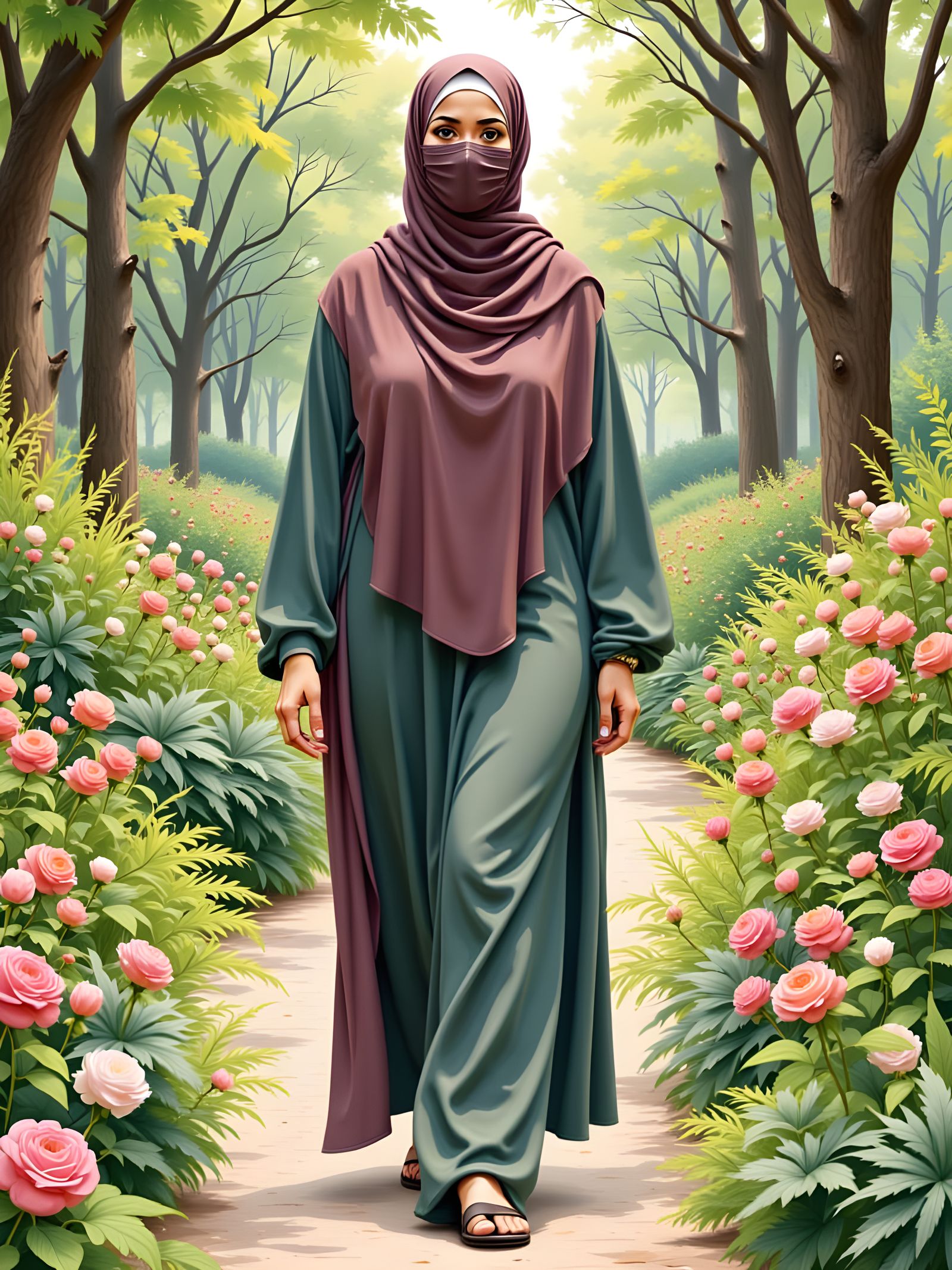 Woman in Botanic Garden, Watercolor Style