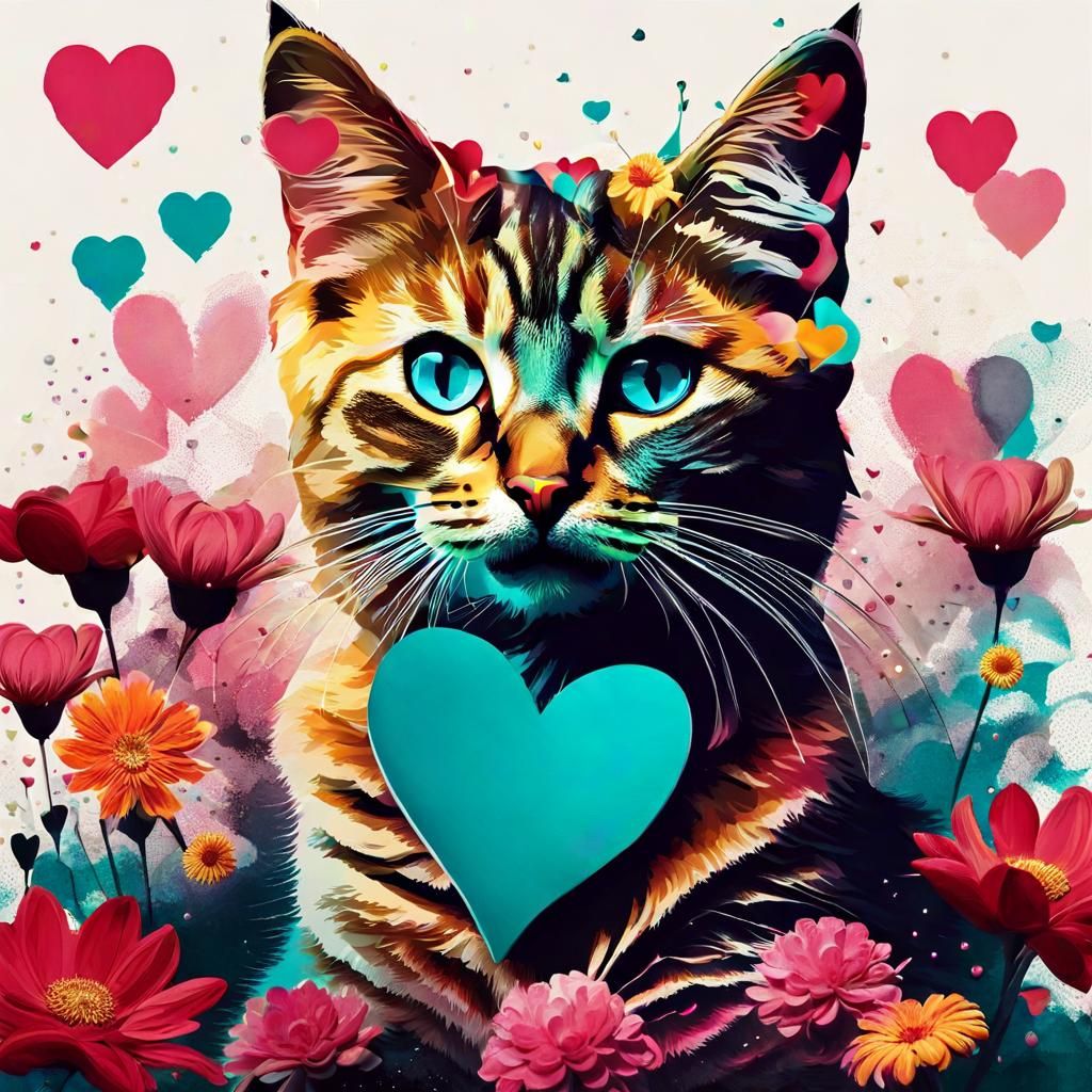 Cute Cat with Flowers in Deconstructed Graphic Style