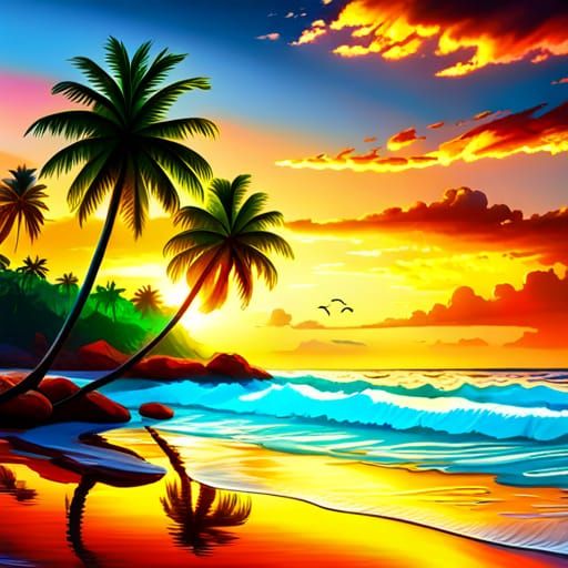 Tropical Beach Sunset with Fishing Boats in Splash Art