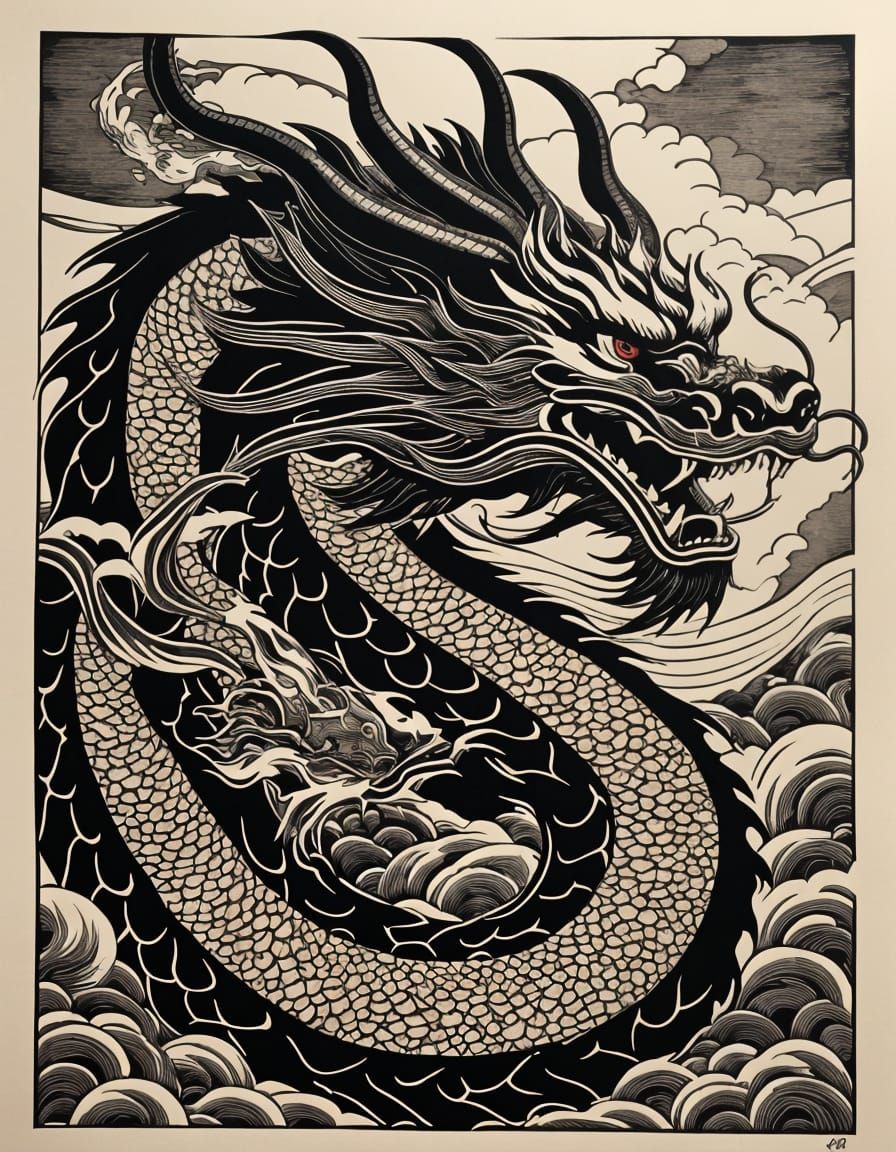 Japanese Dragon in Ukiyo-e Woodblock Print