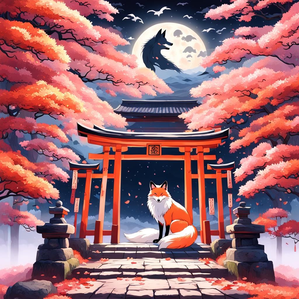 Nine-Tailed Fox on Torii Gate in Anime Style