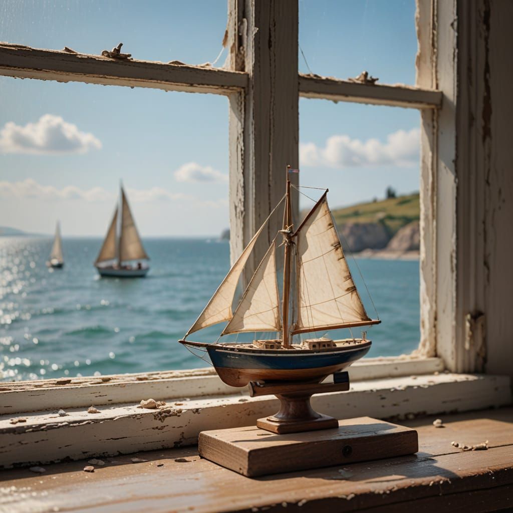 Photorealistic Wooden Sailboat Model on Windowsill