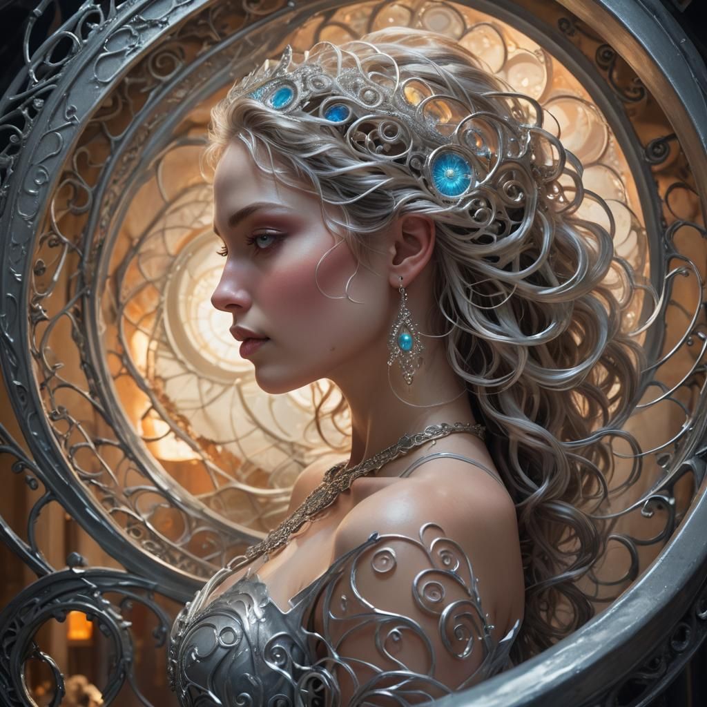 Ethereal Woman's Profile with Silver Spiral Staircase