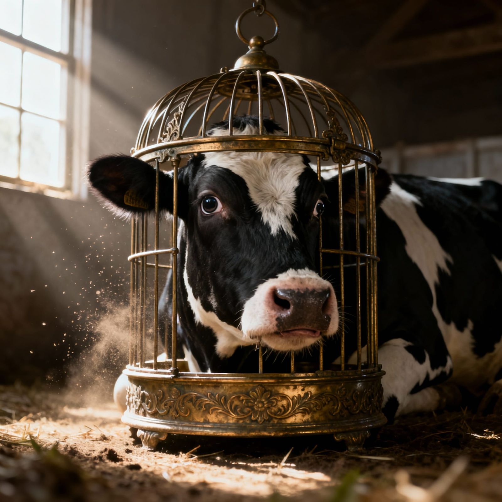 Hyperrealistic Cow Stuck in Birdcage