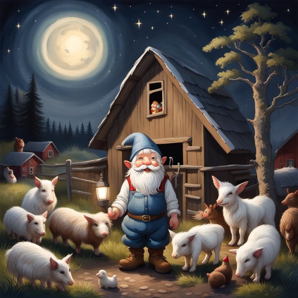 Gnome Caring for Farm Animals at Night