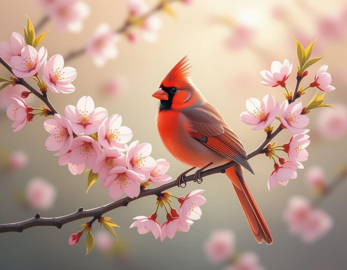 Cardinal on Cherry Blossom Branch in Monet-Inspired Garden