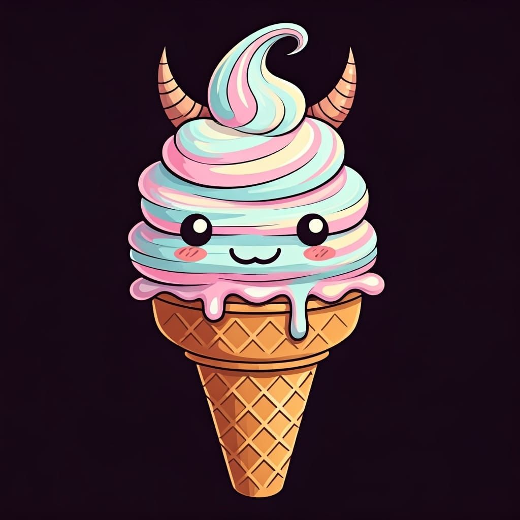Minimalist doodle of a cutesy demonic ice cream cone.