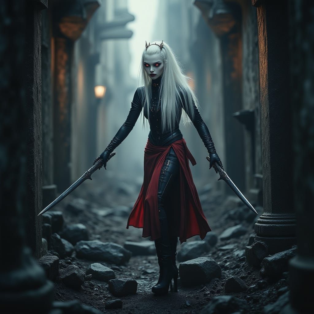 Drow Elf Lost in Forgotten City as Dark Fantasy