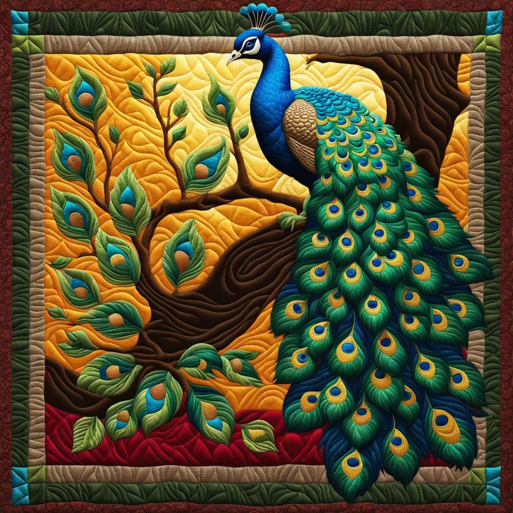 Quilted Peacock in Tree: 3D Digital Art