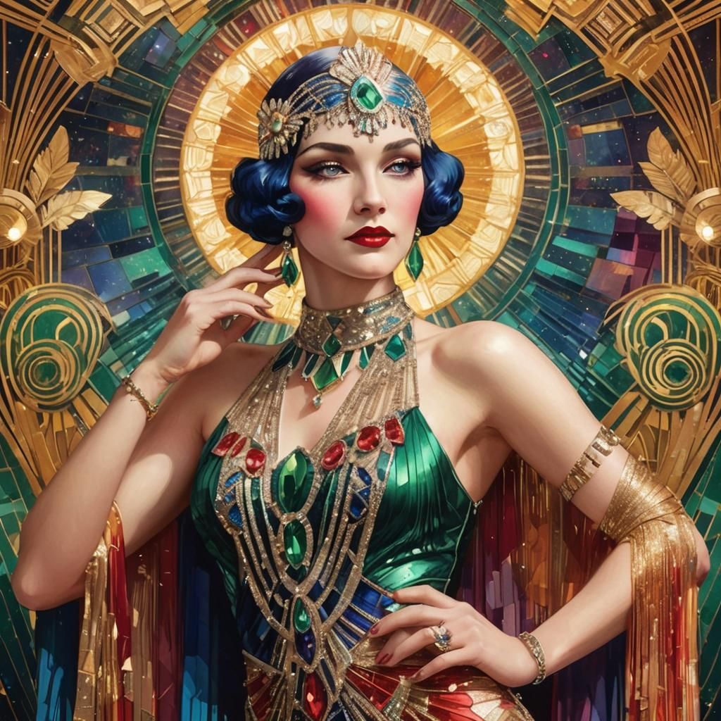 Art Deco Burlesque Woman in Gown and Headdress