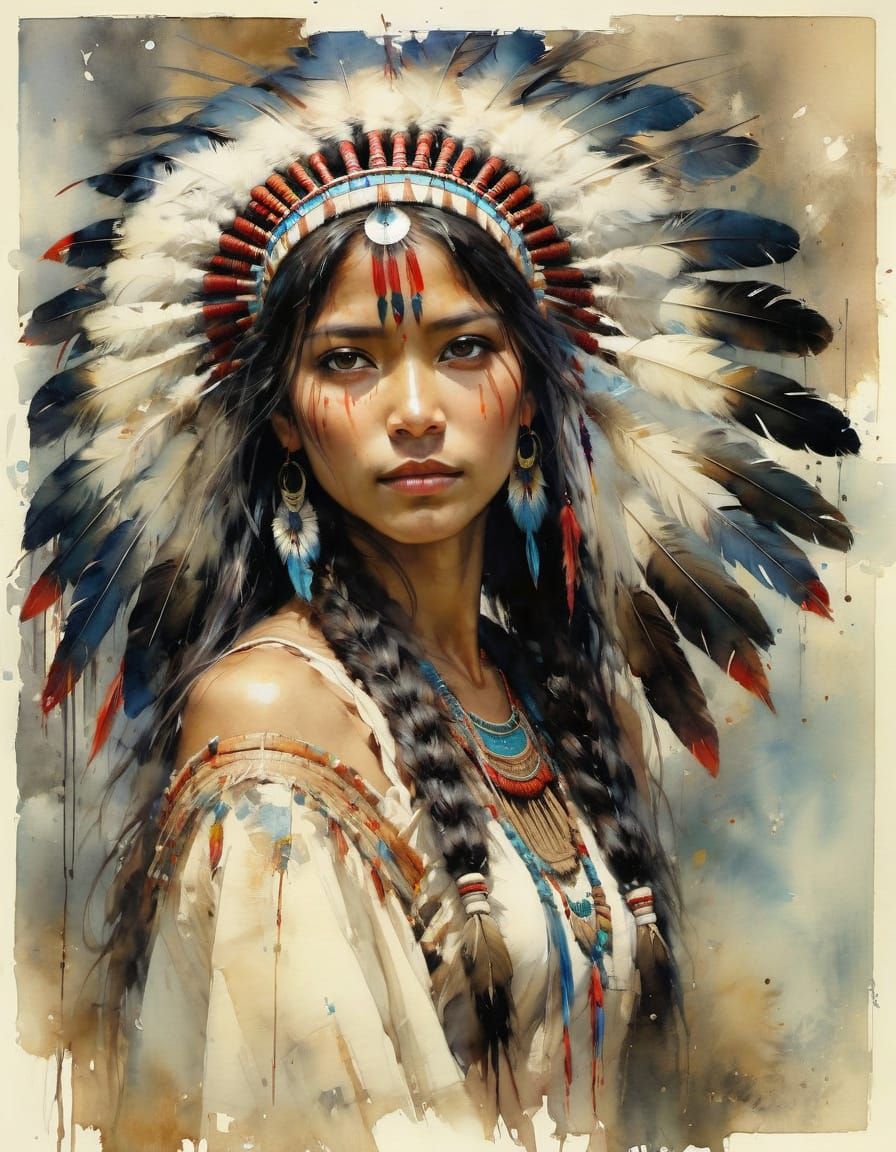 Beautiful Watercolor Portrait of a Native American Woman