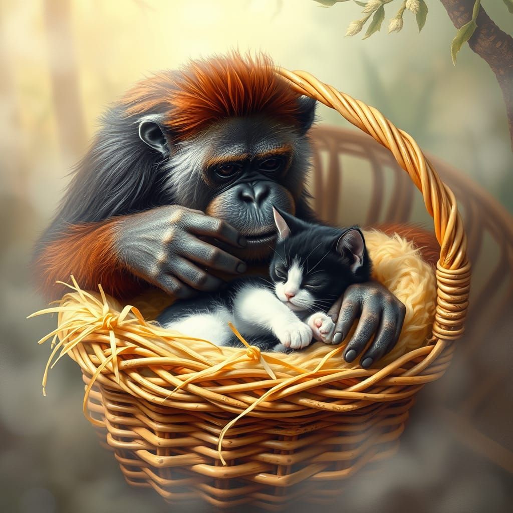 An orangutan petting a cute black and white kitten lying in a srarw basket