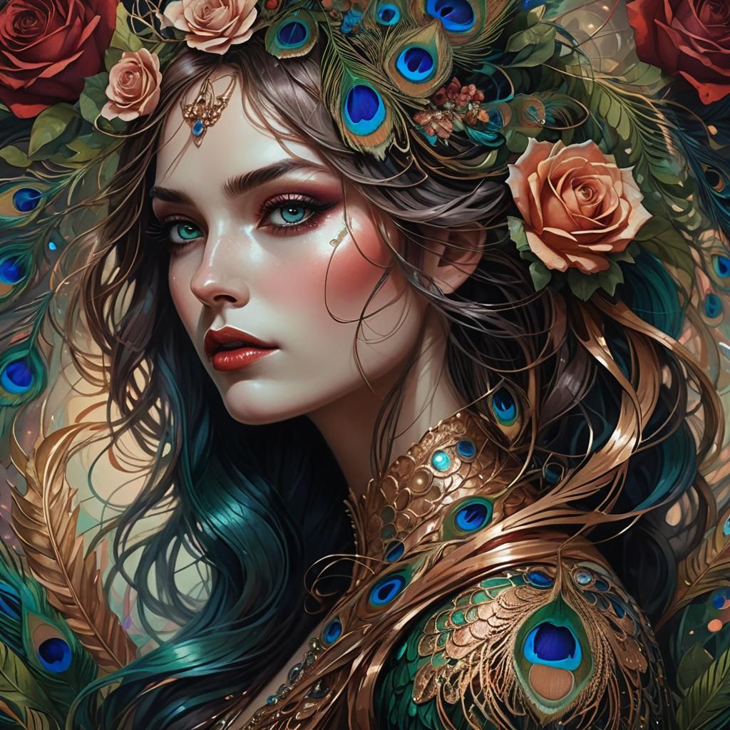 Fantasy Woman Portrait with Peacock Feathers