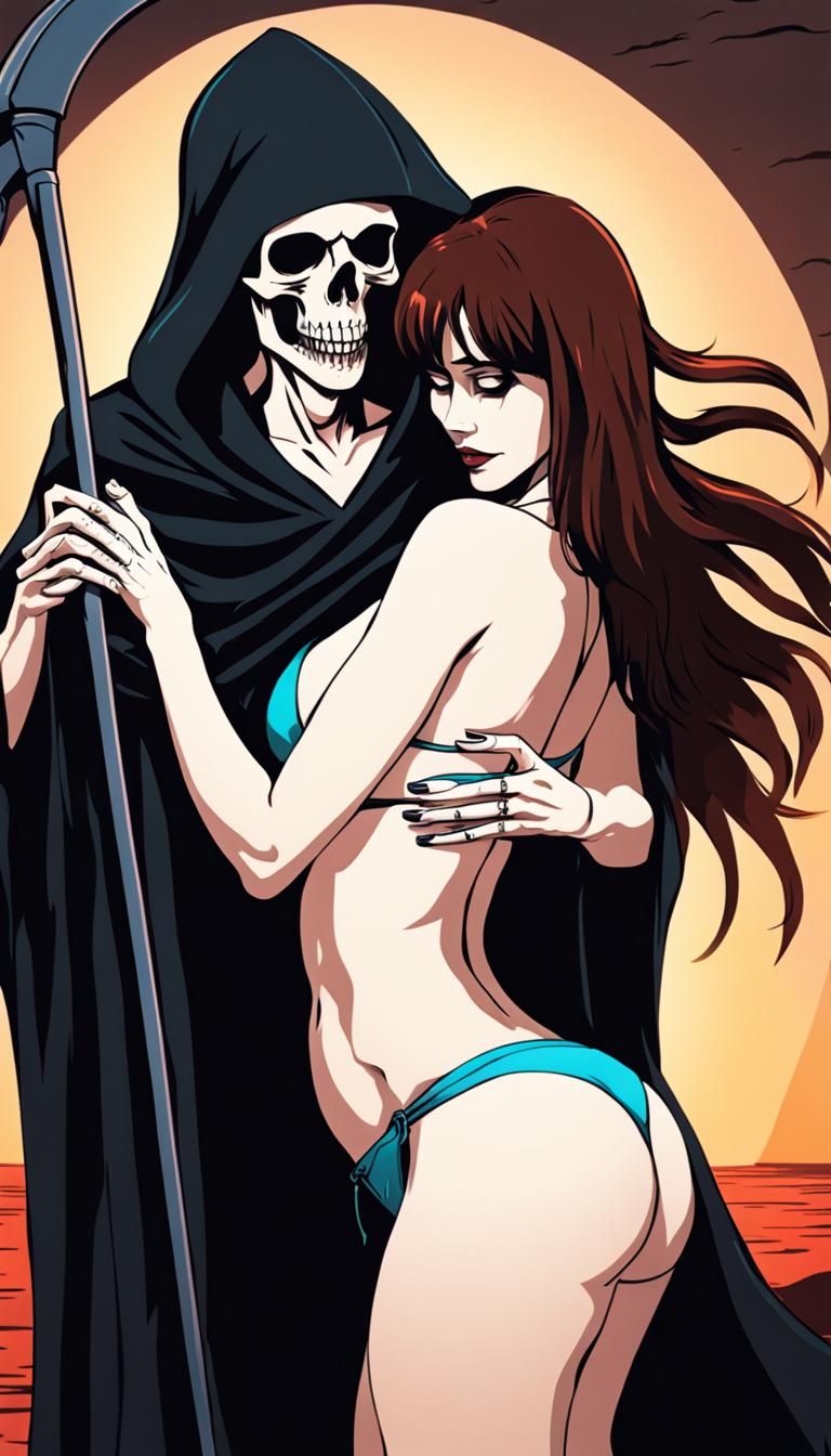 Grim Reaper Embraces Woman in Bikini