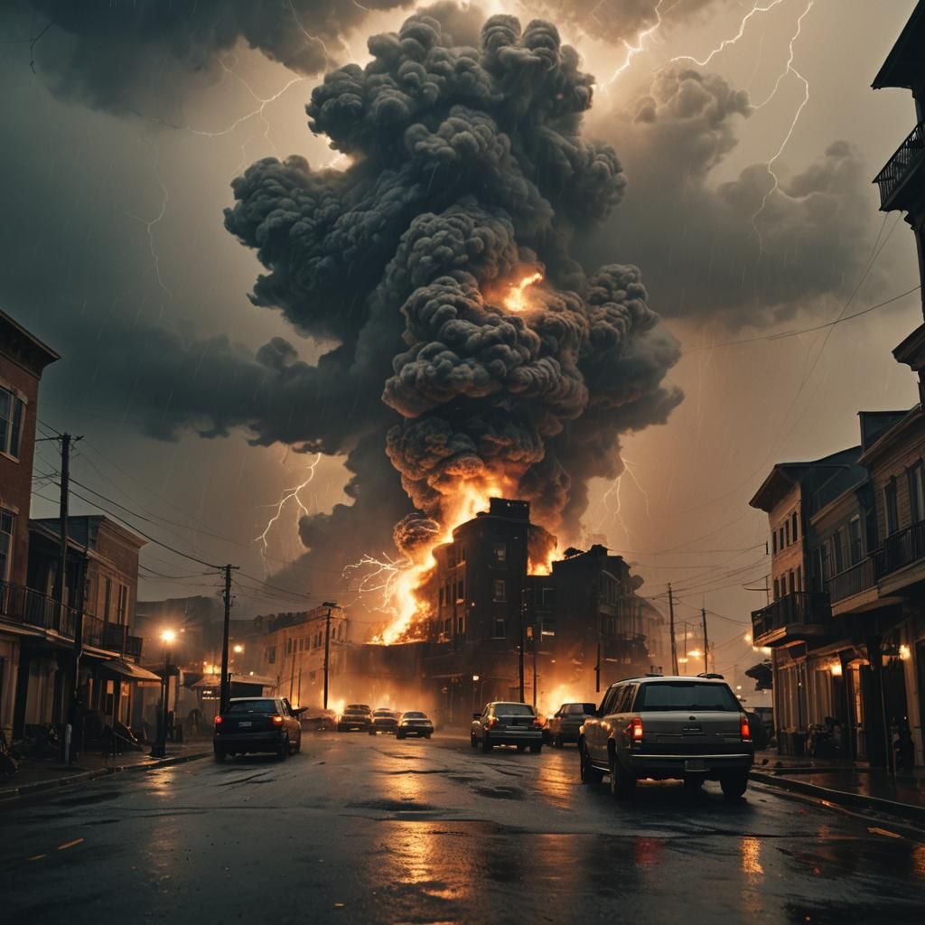 Dramatic Hurricane with Smoke, Fire, and Lightning