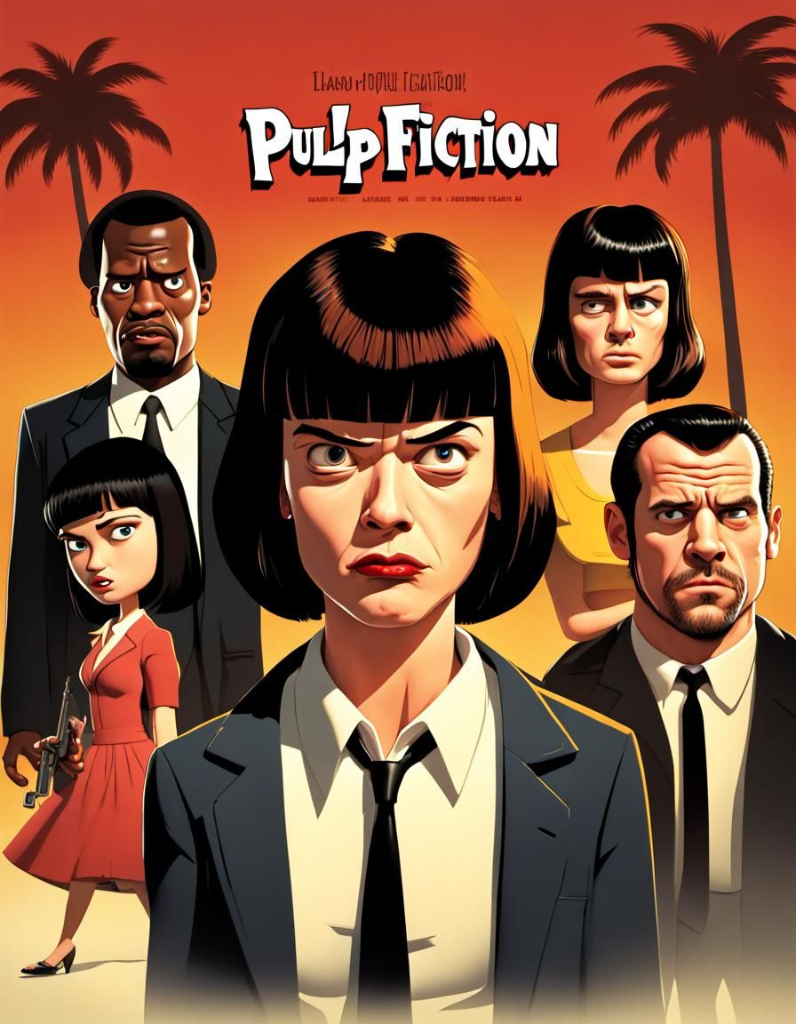 Pulp Fiction Cartoon Movie Poster in Pixar Style