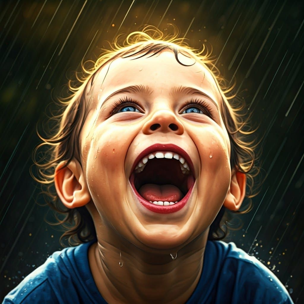 Joyful Child in Rain: Hyperrealistic Splash Ink Portrait