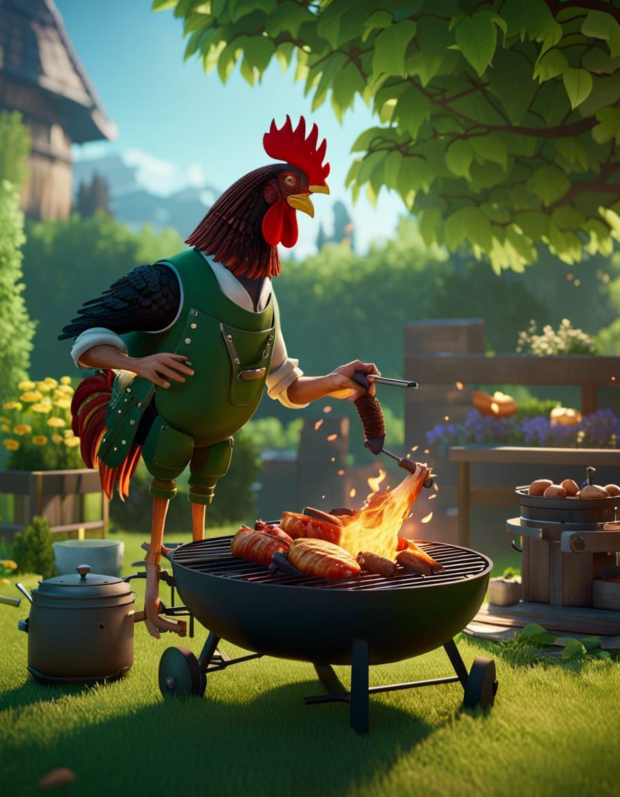 Rooster Barbecue in a Green Garden: 3D Game Cinematic