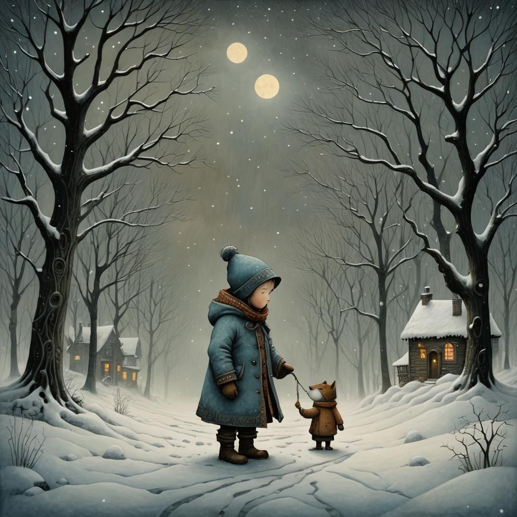 Toddler in Snowstorm: Intricate Storybook Illustration
