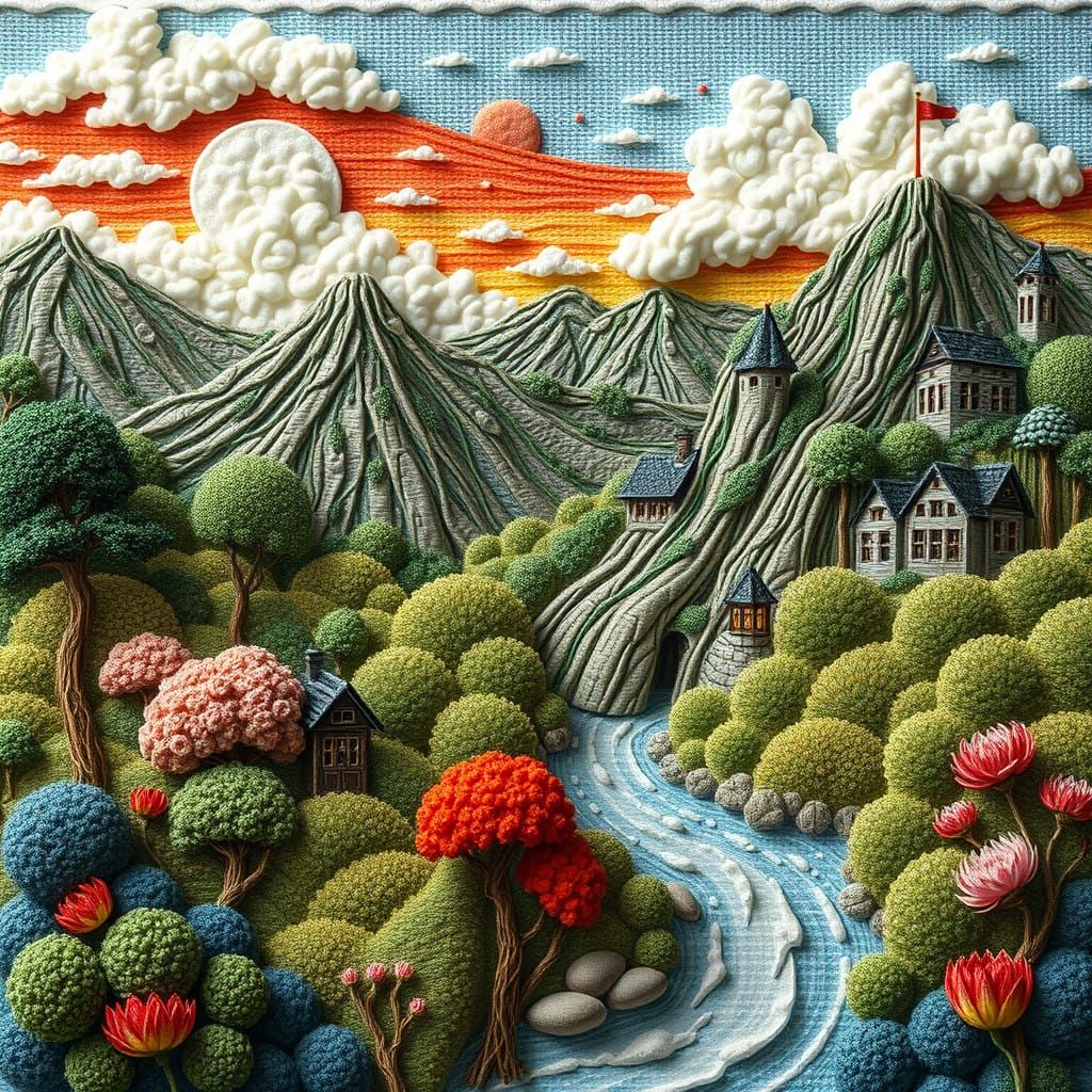 Intricate Anime Needlepoint 3D Filigree paper landscape art texture detailed