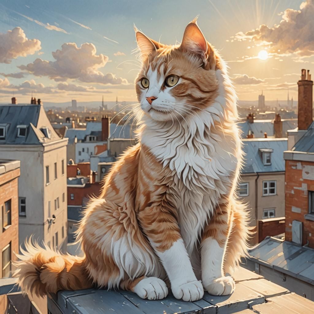 Cat on Rooftop in Dreamcore Pencil Sketch